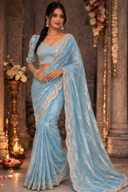 Sky Blue Designer Saree with Blouse | Punjabi Threads