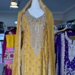 mustard pure chinon suit with heavy embroidery work Punjabi suit Australia