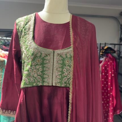 Close-up embroidery work on maroon suit sleeve and fabric detailing premium stitching