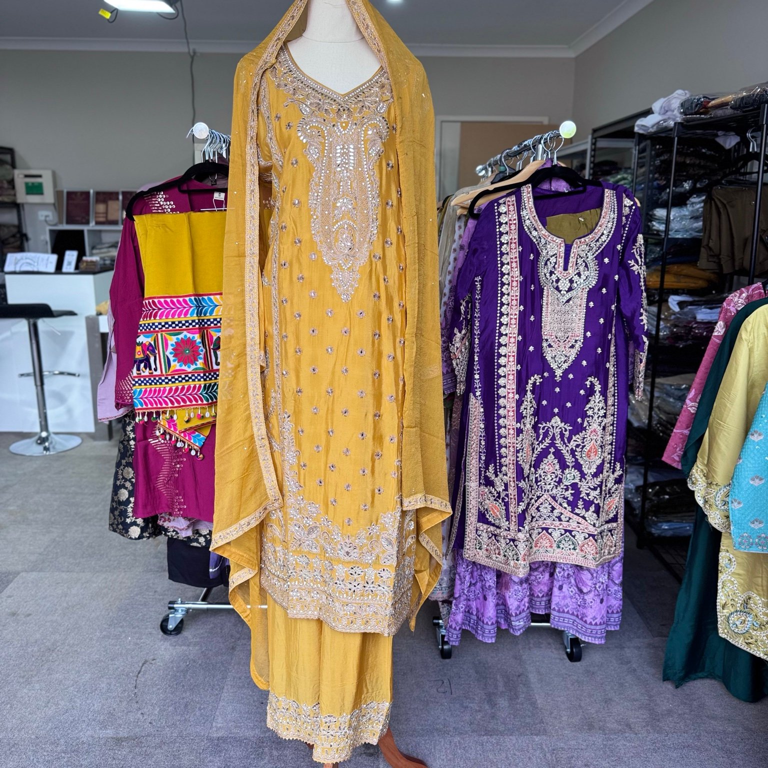 Mustard Embroidered Chinon Suit Australia | Punjabi Threads Mustard Embroidered Chinon Suit Australia | Punjabi Threads