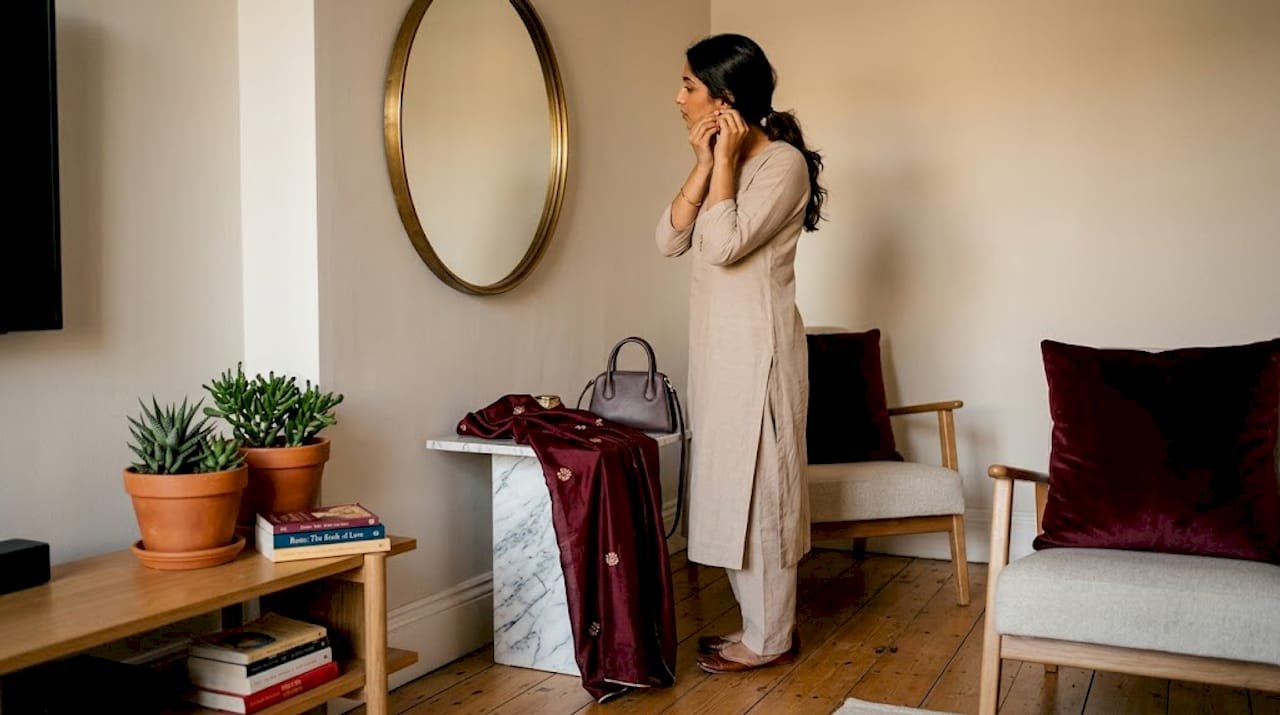 Woman accessorising minimalist Punjabi suit at home