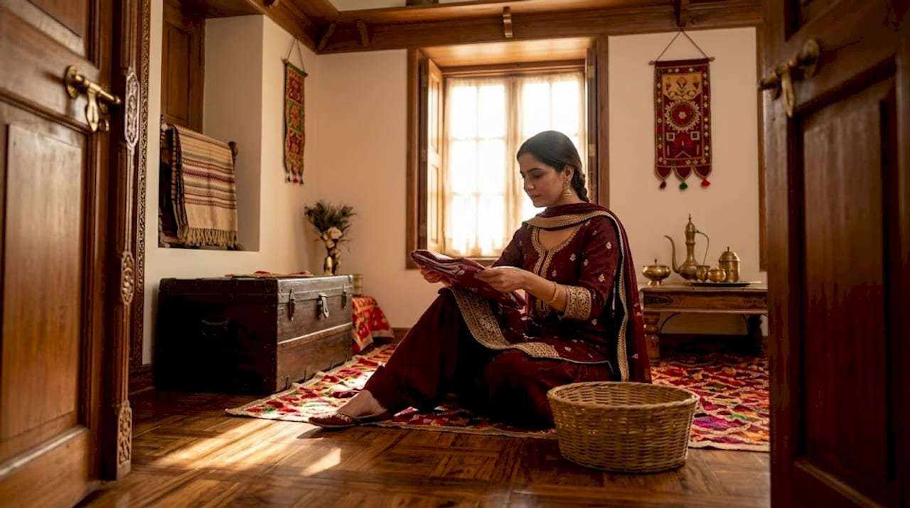 Woman folding Patiala salwar in sunny living room