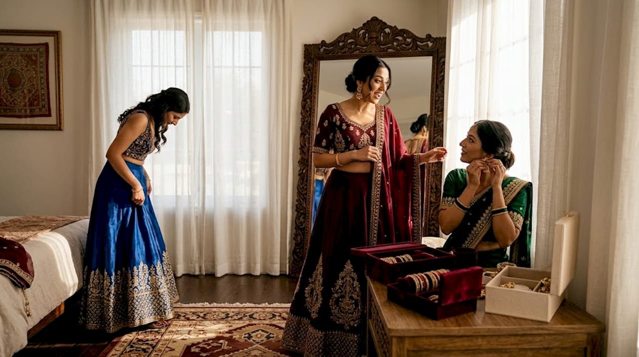 Women preparing sangeet ceremony outfits at home