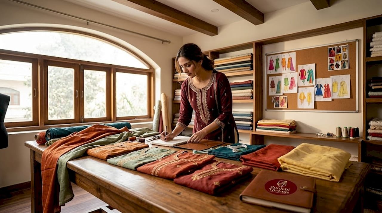 Designer arranging colorful Punjabi suit fabrics