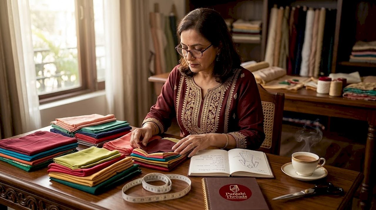 Tailor selecting Punjabi suit fabrics