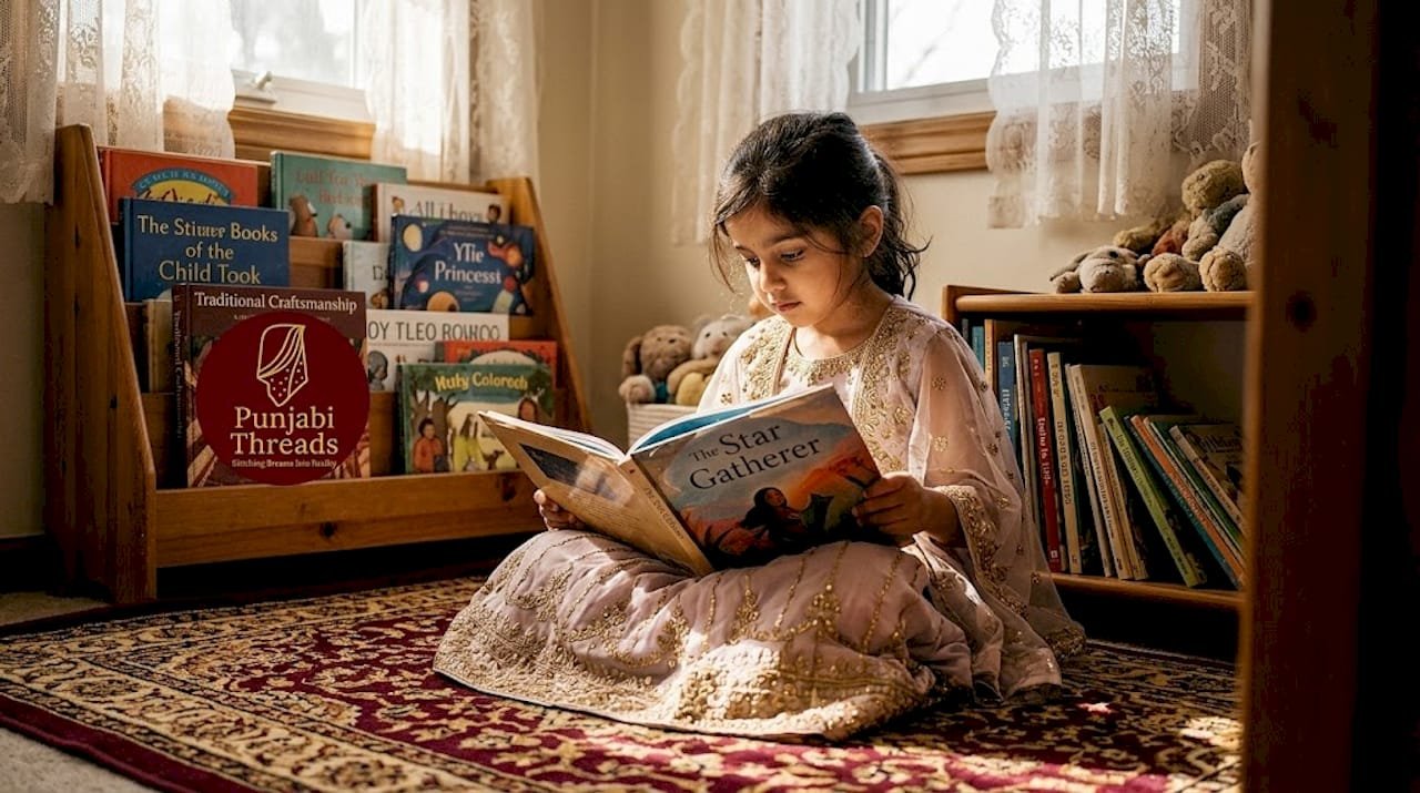 Girl wearing Indo-western outfit reading in living room