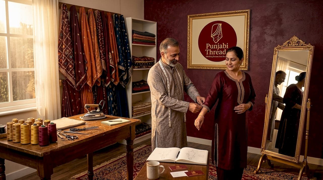 Tailor adjusts sleeve of Punjabi kameez