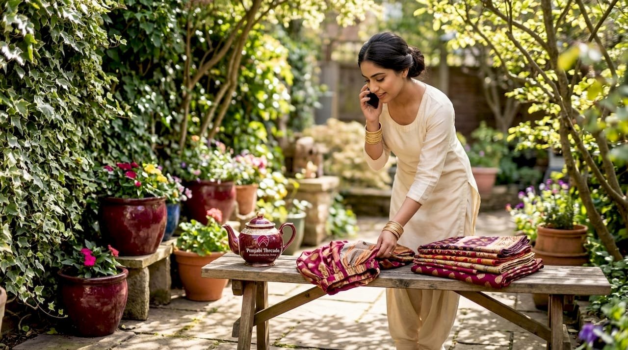 Woman arranging dhoti salwar pants in sunny living room