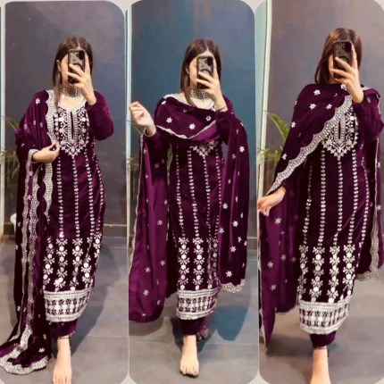 Deep Purple Velvet Readymade Suit - Punjabi Threads product image 1