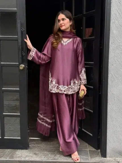 Mauve Crepe Silk Farshi Pant Suit - Punjabi Threads product image 1