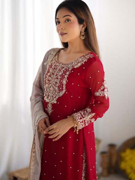 Red Heavy Embroidered Pakistani Suit Set - Punjabi Threads product image 1