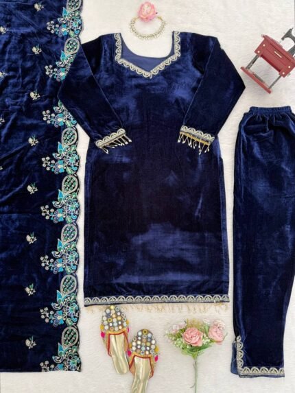 Royal Blue Velvet Salwar Kameez - Punjabi Threads product image 2