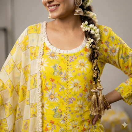 Yellow Daisy Butterfly Salwar Suit - Punjabi Threads product image 1