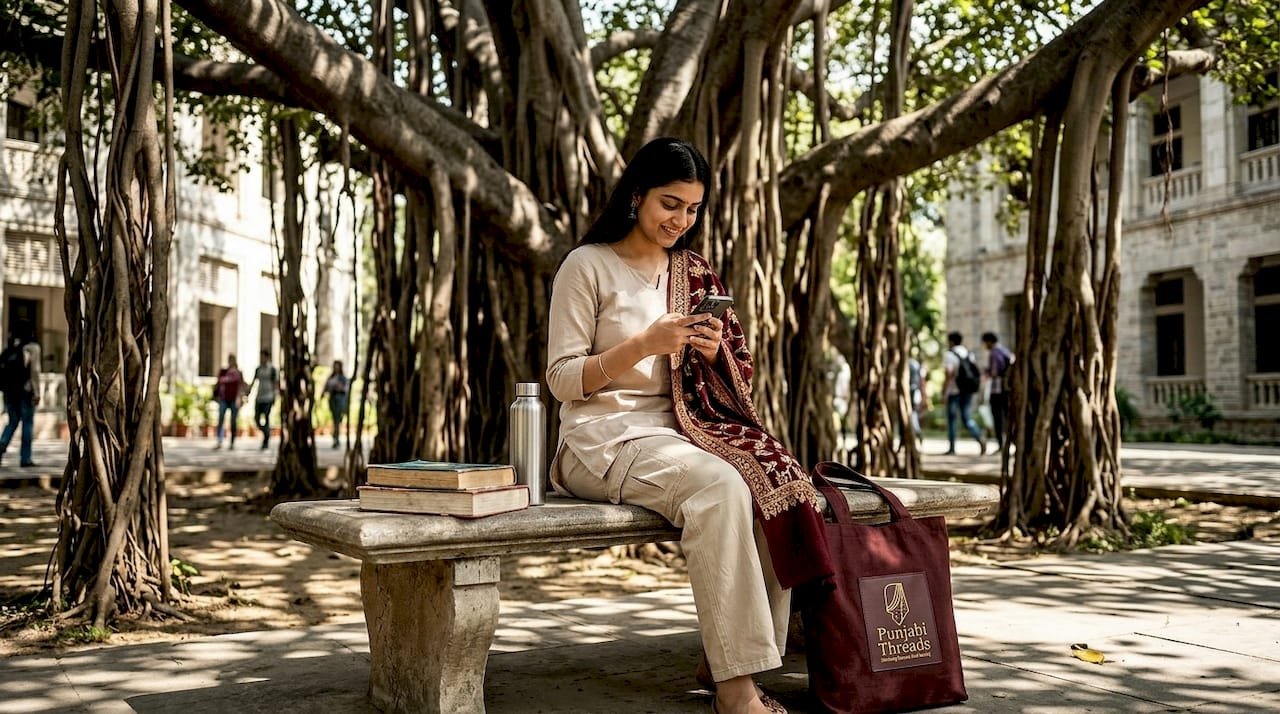 College student wearing modern Punjabi suit outdoors