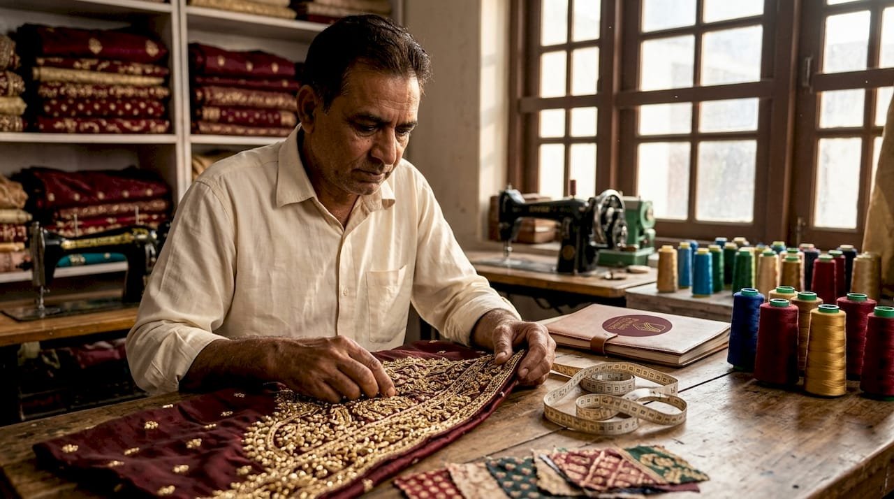 Tailor examining embroidered wedding suit fabric
