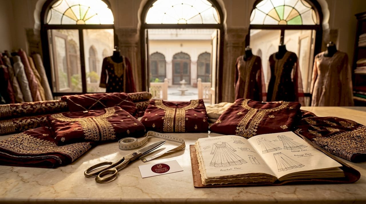 Boutique display of diverse salwar kameez fabric cuts