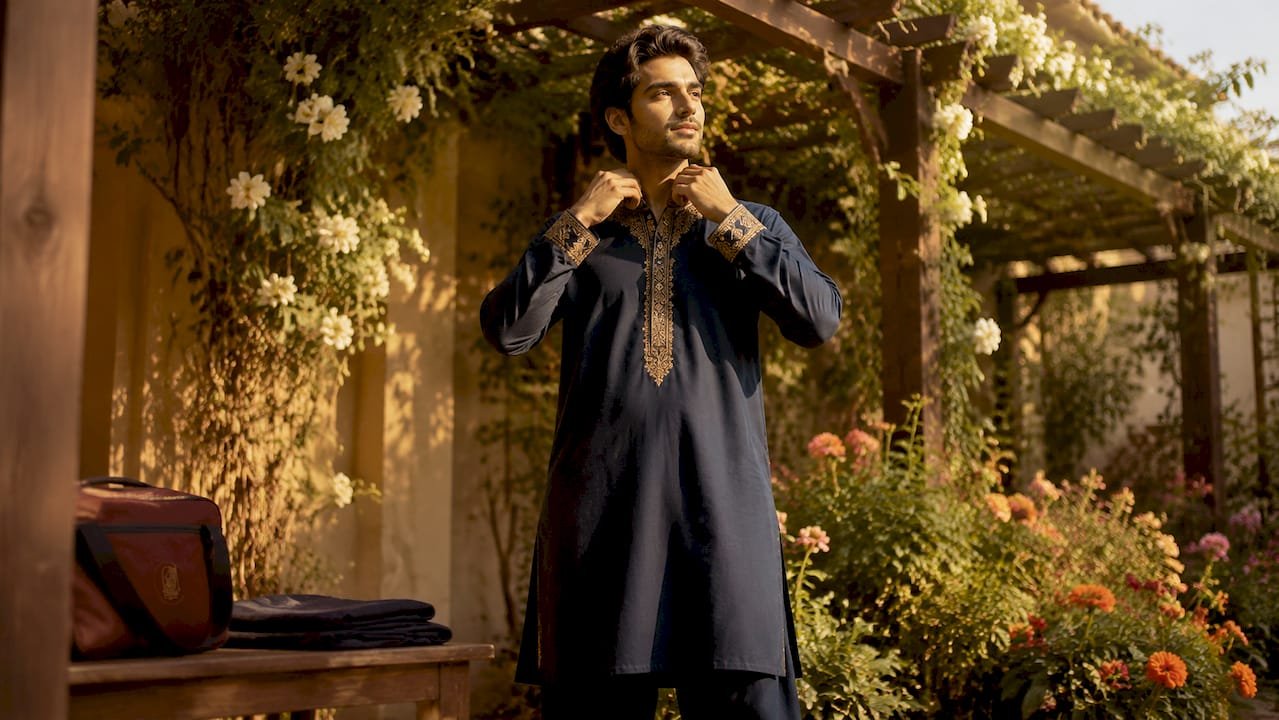 Man in traditional cream salwar kameez outdoors