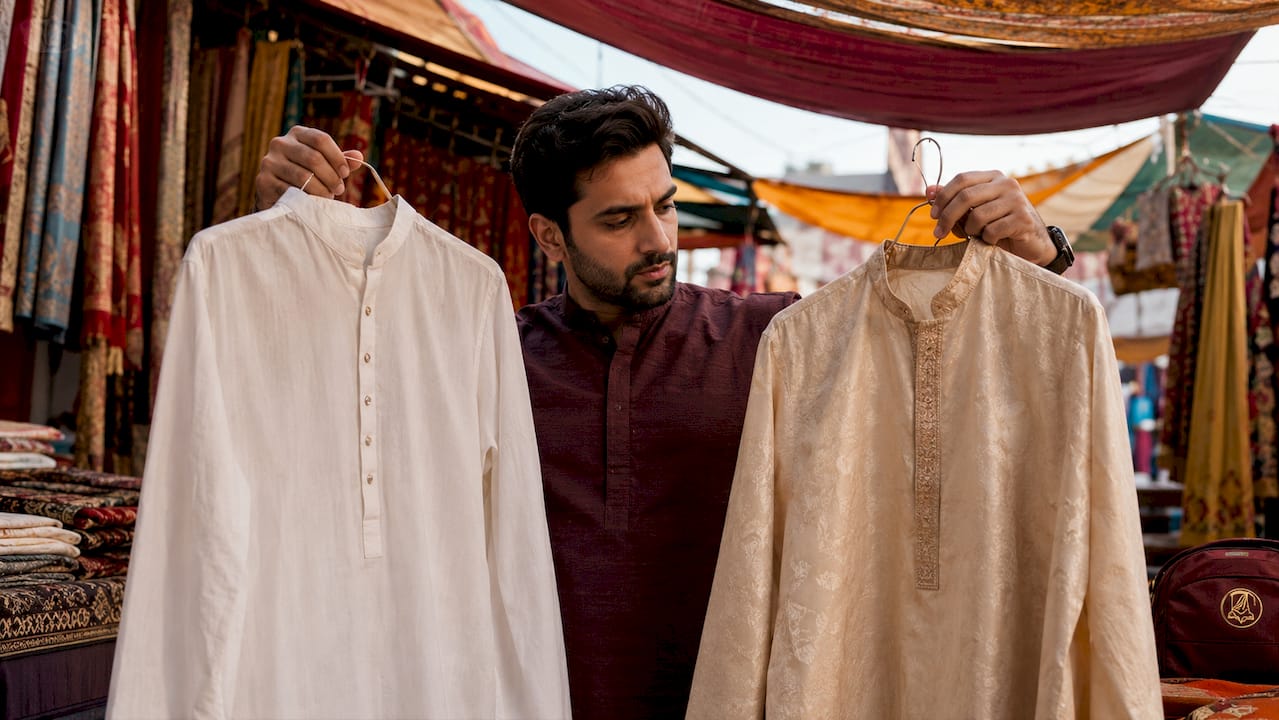 Man comparing cotton and silk kurtas in fabric shop