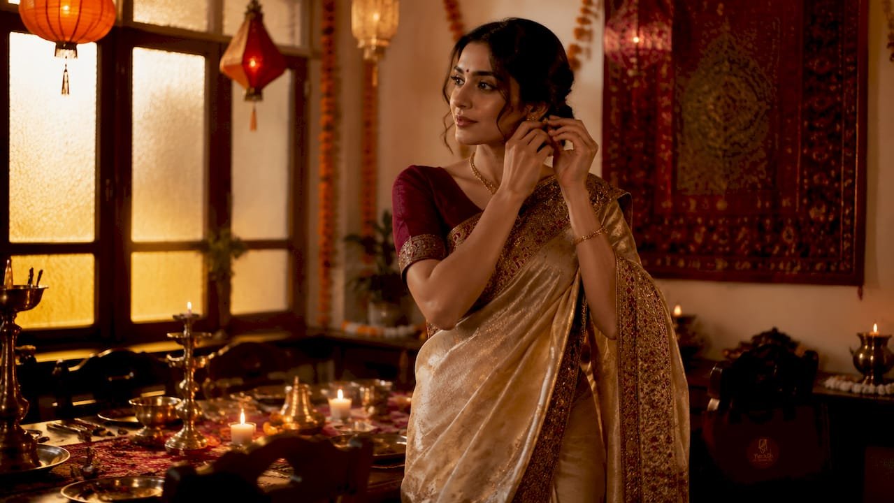 Woman preparing in festive ethnic wear indoors