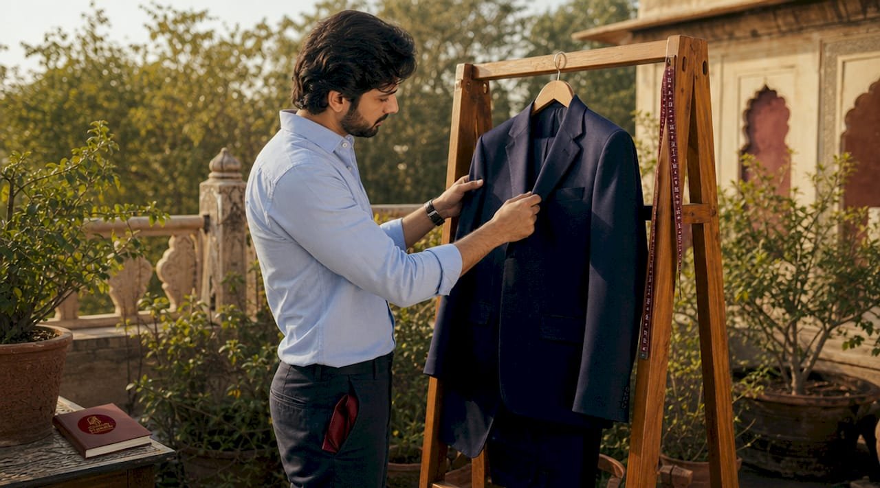 Stylist adjusting navy straight cut suit on mannequin
