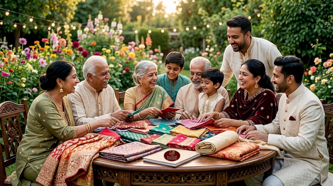 Family coordinating vibrant Punjabi wedding attire