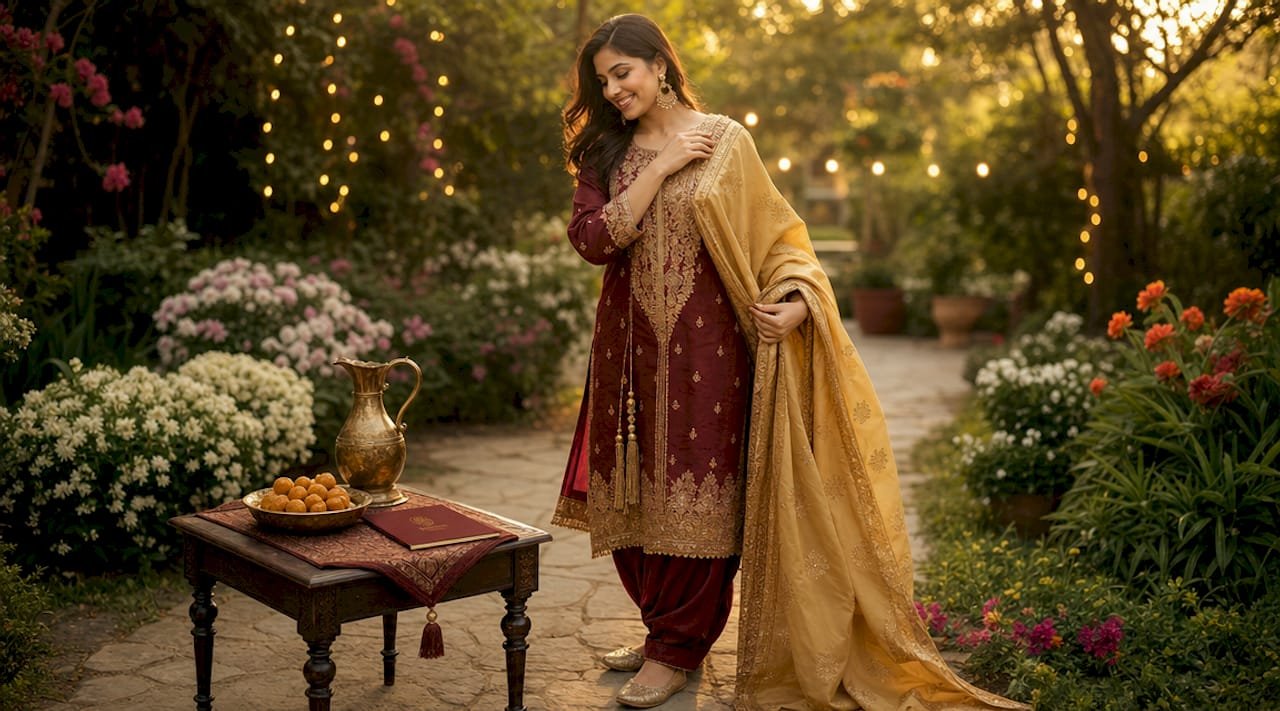 Woman wearing festive salwar kameez indoors
