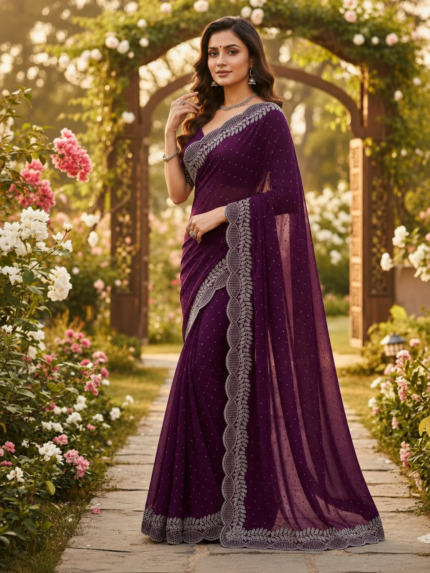 Embellished Bollywood Georgette Saree Purple - Punjabi Threads product image 1