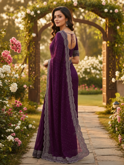 Embellished Bollywood Georgette Saree Purple - Punjabi Threads product image 2