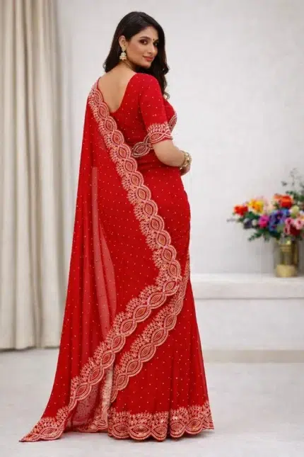 Red Bollywood Chiffon Saree - Punjabi Threads product image 1