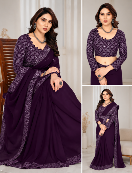 Royal Plum Elegance Embroidered Party Wear Saree - Punjabi Threads product image 1