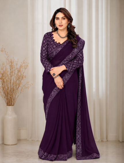 Royal Plum Elegance Embroidered Party Wear Saree - Punjabi Threads product image 2