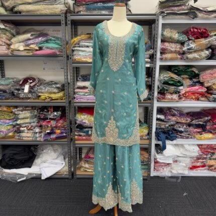 Sea Green Embroidered Sharara Suit - Punjabi Threads product image 1