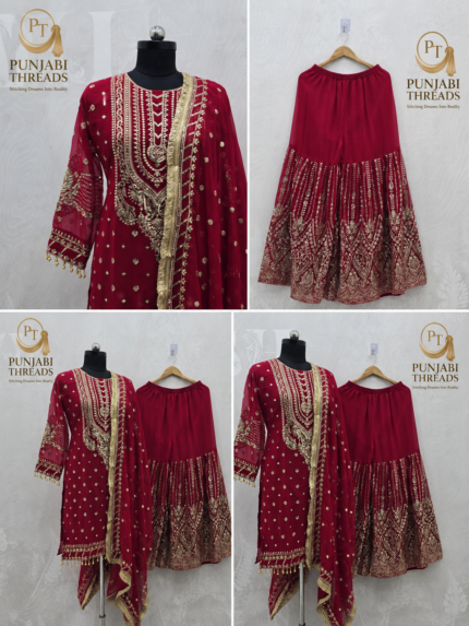 Heer-e-Zar Wine Embroidered Sharara Suit - Punjabi Threads product image 1