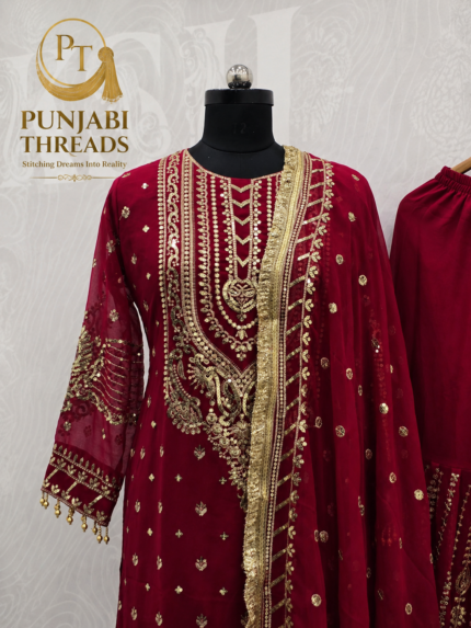 Heer-e-Zar Wine Embroidered Sharara Suit - Punjabi Threads product image 2