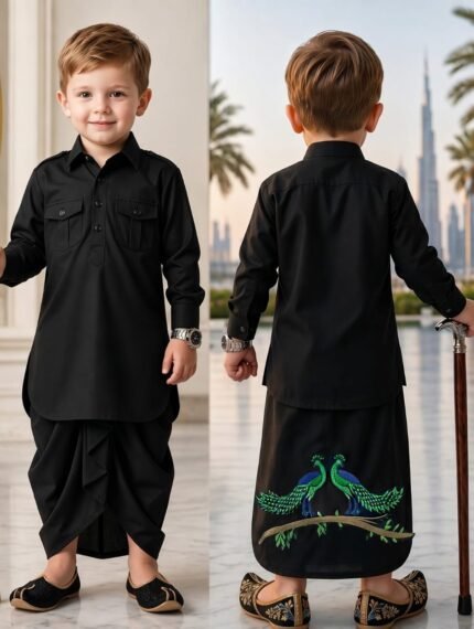 Kids Black Peacock Kurta Chadra - Punjabi Threads product image 1