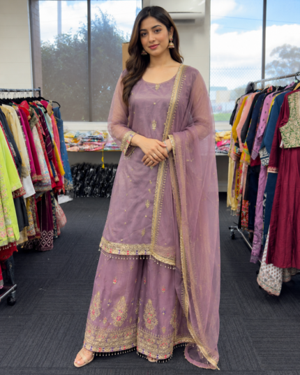 Lavender Embroidered Palazzo Suit - Punjabi Threads product image 1