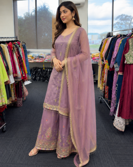 Lavender Embroidered Palazzo Suit - Punjabi Threads product image 2