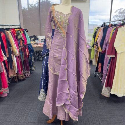Lavender Silk Embroidered Palazzo Suit with Dupatta - Punjabi Threads product image 1
