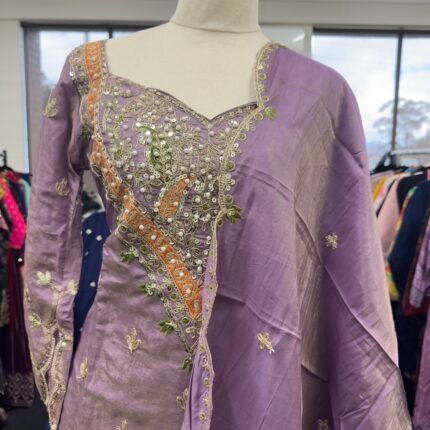 Lavender Silk Embroidered Palazzo Suit with Dupatta - Punjabi Threads product image 2