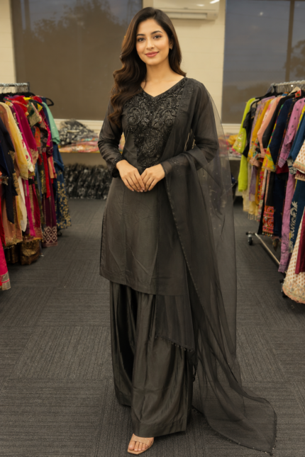 Midnight Noir Embroidered Farshi Salwar Suit - Punjabi Threads product image 1