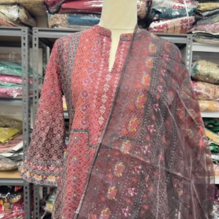 Noor Maroon Chikankari Cotton 3-Piece Suit Set - Punjabi Threads product image 2