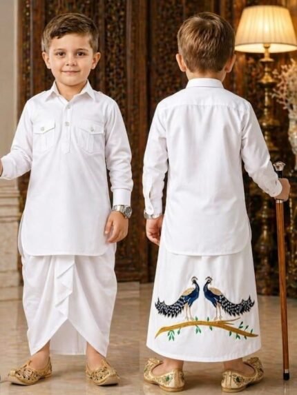 Premium White Kids Punjabi Kurta Chadra - Punjabi Threads product image 1