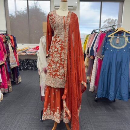 Rust Floral Embroidered Sharara Suit - Punjabi Threads product image 1