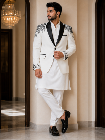 White Black Embroidered Indo-Western Blazer - Punjabi Threads product image 2