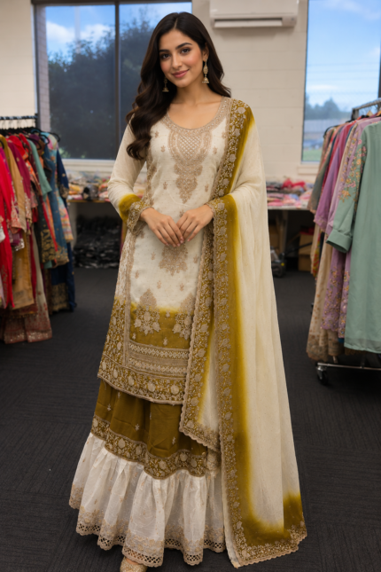 Ivory Olive Farshi Lehenga Suit - Punjabi Threads product image 1