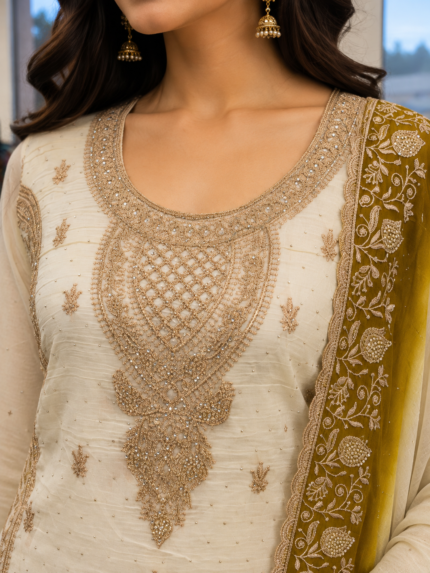 Ivory Olive Farshi Lehenga Suit - Punjabi Threads product image 2