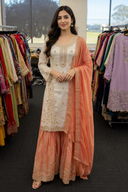 Ivory Peach Sharara Suit - Punjabi Threads product image 1