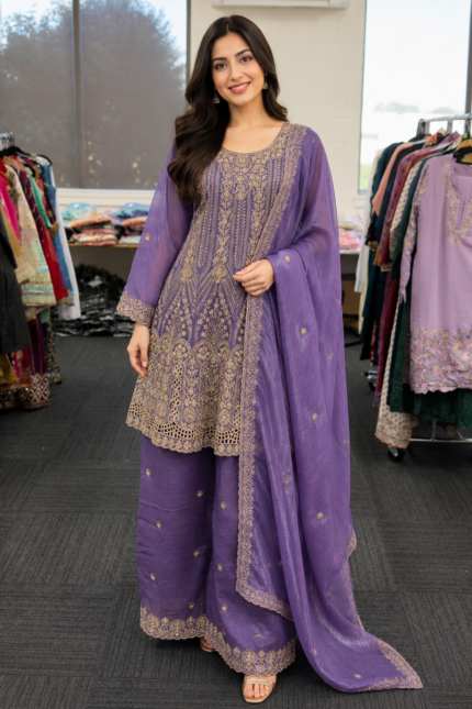 Lavender Gold Embroidered Palazzo Suit Set - Punjabi Threads product image 1