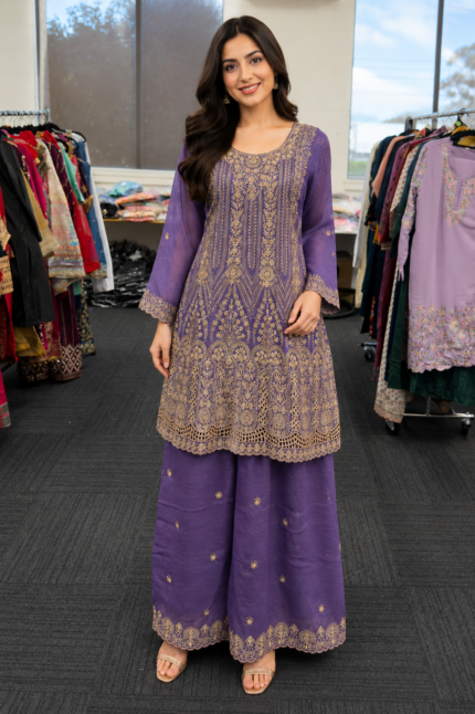 Lavender Gold Embroidered Palazzo Suit Set - Punjabi Threads product image 2