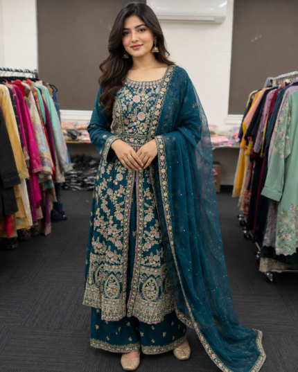 Luxury Teal Floral Embroidered Anarkali Suit - Punjabi Threads product image 2